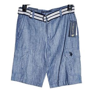 US Polo Assn Shorts Size 12 Boys Cargo Chambray Belt Adjustable Waist Blue New